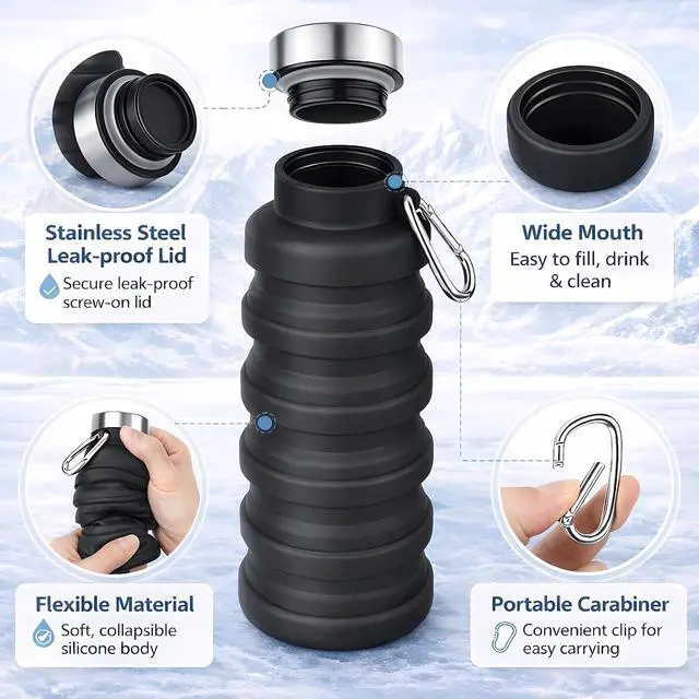 Alt view image 4 of 7 - Collapsible Water Bottles,Silicone Water Bottle,16oz Capacity Portable Reusable,Leak-proof,with buckle,foldable storage,Lightweight Durable for Fitness,Cycling,Sports,Camping,Hiking (Black)