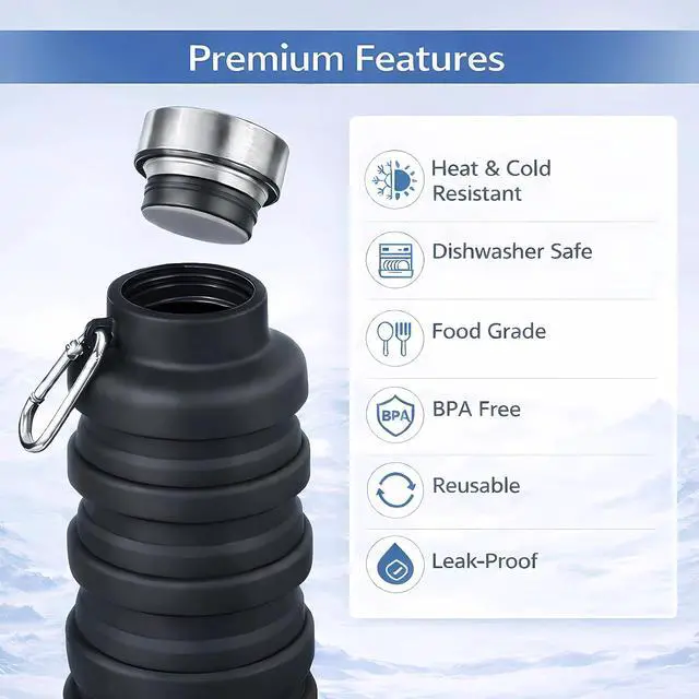Alt view image 5 of 7 - Collapsible Water Bottles,Silicone Water Bottle,16oz Capacity Portable Reusable,Leak-proof,with buckle,foldable storage,Lightweight Durable for Fitness,Cycling,Sports,Camping,Hiking (Black)