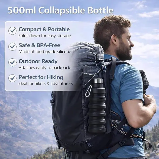 Alt view image 6 of 7 - Collapsible Water Bottles,Silicone Water Bottle,16oz Capacity Portable Reusable,Leak-proof,with buckle,foldable storage,Lightweight Durable for Fitness,Cycling,Sports,Camping,Hiking (Black)