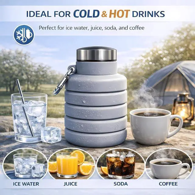 Alt view image 7 of 7 - Collapsible Water Bottles,Silicone Water Bottle,16oz Capacity Portable Reusable,Leak-proof,with buckle,foldable storage,Lightweight Durable for Fitness,Cycling,Sports,Camping,Hiking (Black)