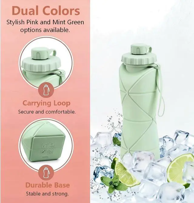 Alt view image 4 of 7 - Collapsible Water Bottles 20oz (600ml), BPA-Free Silicone Foldable Portable Lightweight Reusable Water Bottle with Leak-Proof Lid & Lanyard for Outdoor Travel Cycling Gym & Camping