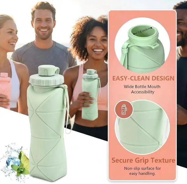 Alt view image 5 of 7 - Collapsible Water Bottles 20oz (600ml), BPA-Free Silicone Foldable Portable Lightweight Reusable Water Bottle with Leak-Proof Lid & Lanyard for Outdoor Travel Cycling Gym & Camping