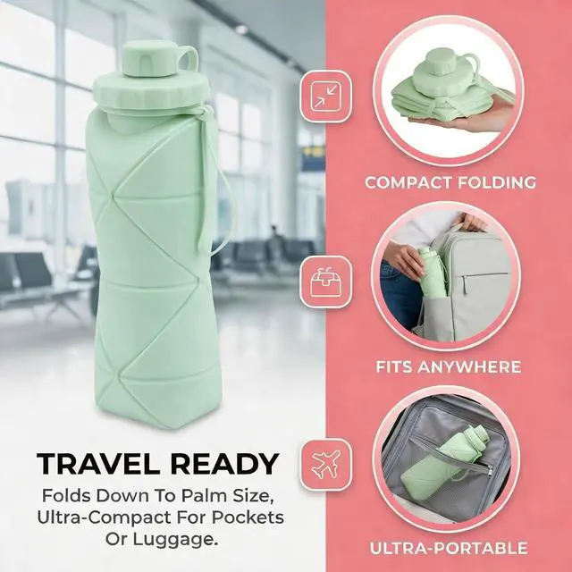Alt view image 7 of 7 - Collapsible Water Bottles 20oz (600ml), BPA-Free Silicone Foldable Portable Lightweight Reusable Water Bottle with Leak-Proof Lid & Lanyard for Outdoor Travel Cycling Gym & Camping