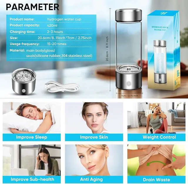 Alt view image 7 of 7 - Hydrogen Water Bottle Sport - Portable Hydrogen Infuser for Enhanced Hydration, BPA-Free, Leak-Proof, 420ml/15oz, Ideal for Fitness, Hiking, Travel & Daily Use (Silver)