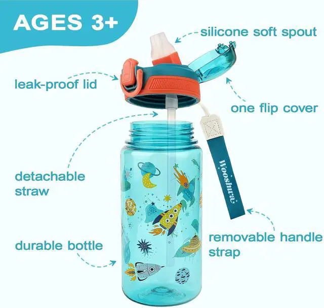 Alt view image 2 of 5 - Kids Water Bottle for School or Travel, 20 Oz Durable Plastic Water Bottle | Silicone Straw, Pop-Up Spout Cover, BPA Free & Dishwasher Safe, Rocket