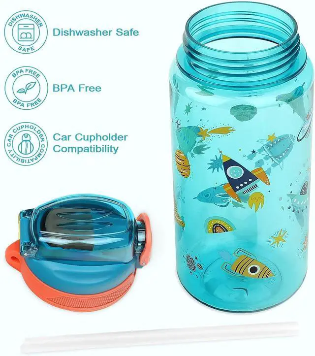 Alt view image 4 of 5 - Kids Water Bottle for School or Travel, 20 Oz Durable Plastic Water Bottle | Silicone Straw, Pop-Up Spout Cover, BPA Free & Dishwasher Safe, Rocket