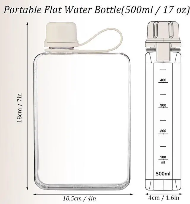 Alt view image 5 of 7 - ImnBest Transparent Flat Water Bottle, Slim Square Bottle Portable Water Flask, BPA Free/Slim Design/Leak Proof, Reusable Water Bottle for Travel, Outdoor, Sports, Camping. (White, 500ML), SLFBZ01