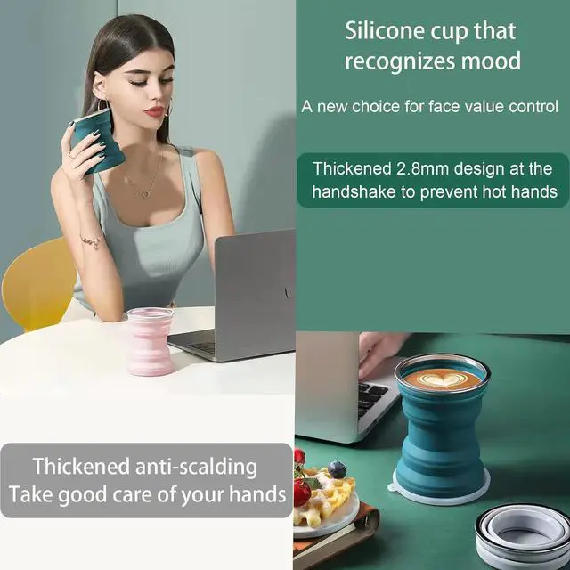 Alt view image 3 of 7 - Silicone Collapsible Travel Cup, 2 Pack 320 ML Collapsible Silicone Cup with Lid, Expandable Drinking Cup Set, Reusable Mug for Camping, Hiking, Travel
