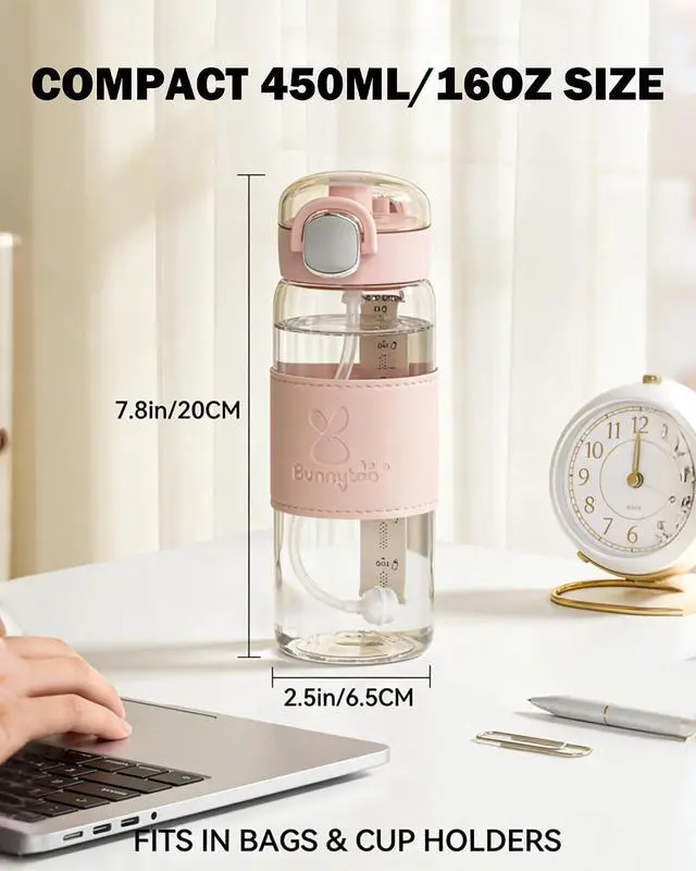 Alt view image 2 of 7 - Bunnytoo Water Bottle with Weighted Straw for Adults, 450ml/15oz Leak Proof Portable BPA-Free Tritan Cup with Anti-Slip Grip, Easy to Clean & Travel Friendly (Brown)
