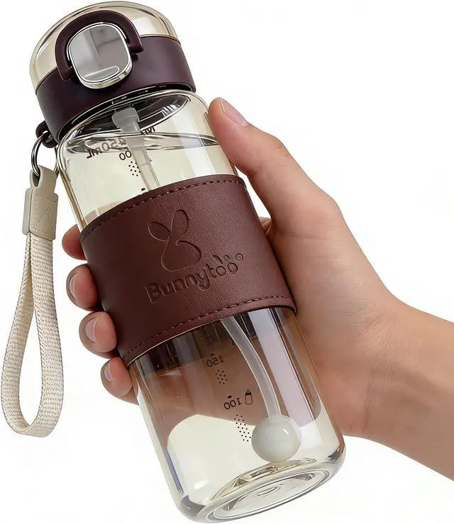 Main image of Bunnytoo Water Bottle with Weighted Straw for Adults, 450ml/15oz Leak Proof Portable BPA-Free Tritan Cup with Anti-Slip Grip, Easy to Clean & Travel Friendly (Brown)