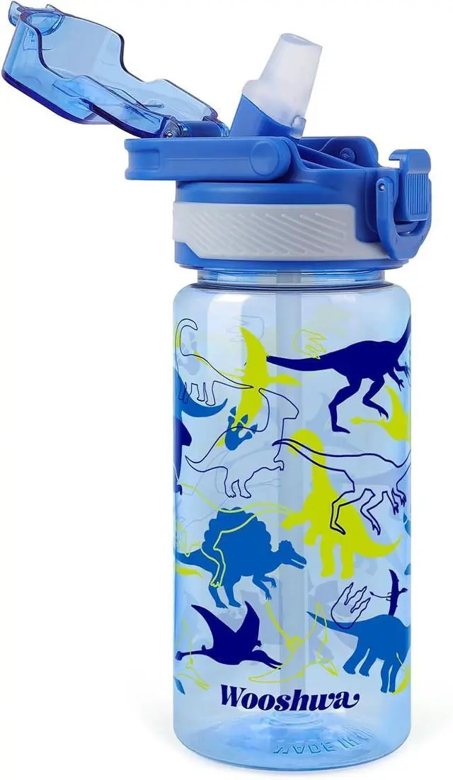Main image of Kids 16 oz Water Bottle with Straw for School, Dinosaur | Plastic Water Bottle with Silicone Spout and Leakproof Cover · Dishwasher Safe