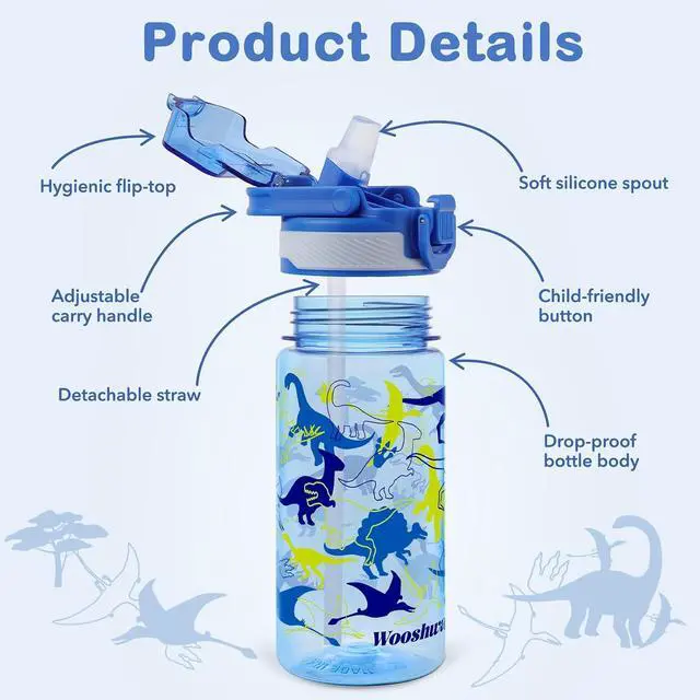 Alt view image 2 of 7 - Kids 16 oz Water Bottle with Straw for School, Dinosaur | Plastic Water Bottle with Silicone Spout and Leakproof Cover · Dishwasher Safe