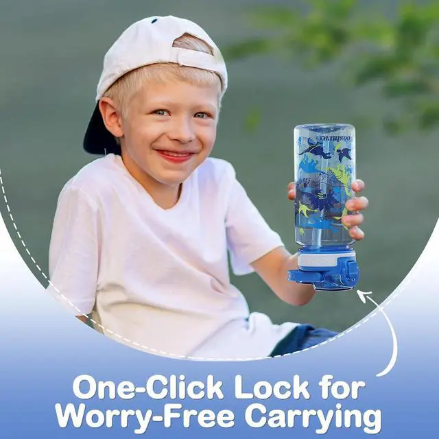 Alt view image 3 of 7 - Kids 16 oz Water Bottle with Straw for School, Dinosaur | Plastic Water Bottle with Silicone Spout and Leakproof Cover · Dishwasher Safe