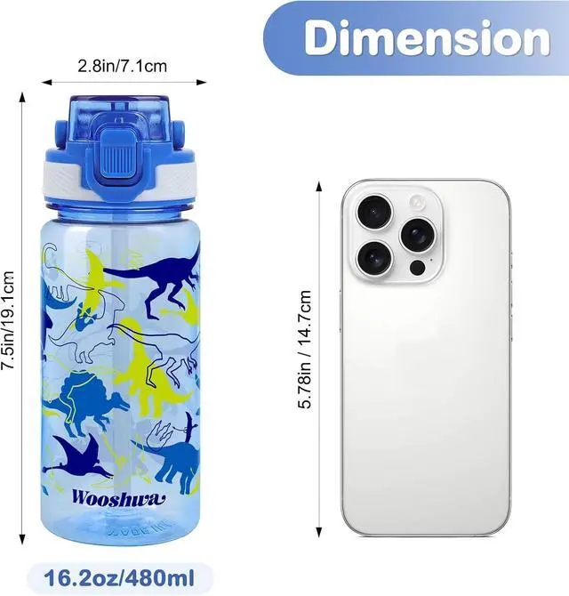Alt view image 6 of 7 - Kids 16 oz Water Bottle with Straw for School, Dinosaur | Plastic Water Bottle with Silicone Spout and Leakproof Cover · Dishwasher Safe