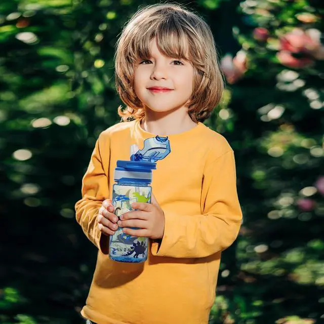 Alt view image 7 of 7 - Kids 16 oz Water Bottle with Straw for School, Dinosaur | Plastic Water Bottle with Silicone Spout and Leakproof Cover · Dishwasher Safe