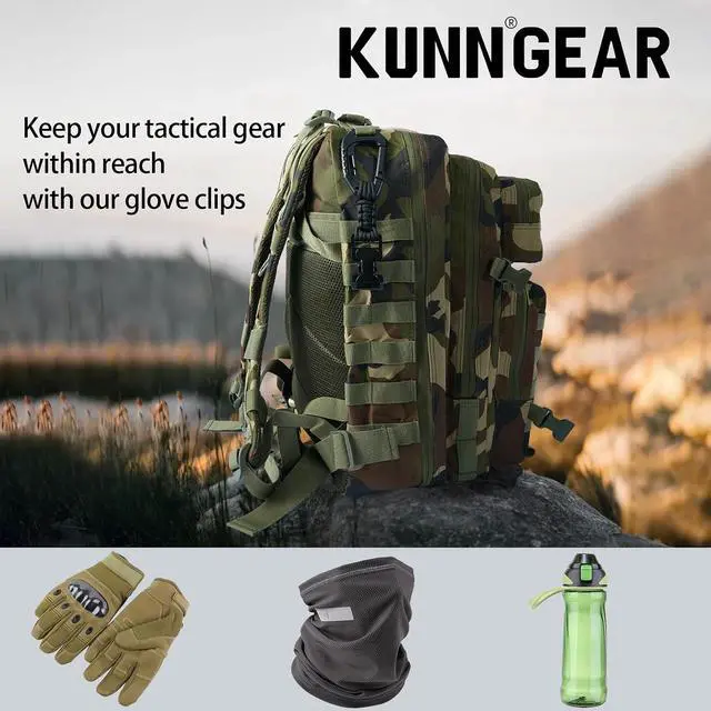 Alt view image 5 of 6 - KUNN Glove Clips with Plastic Carabiner and Paracord, Metal Clips for Heavy Duty Gloves, with Key Ring for Tactical Backpack