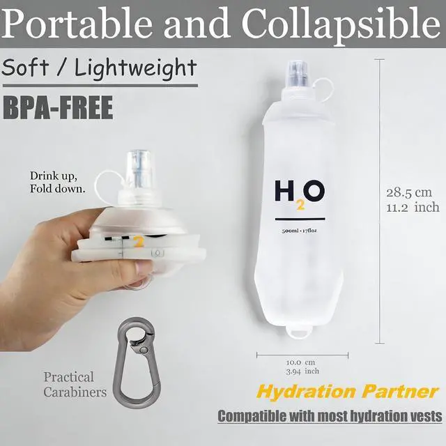 Alt view image 2 of 6 - 500ml Soft Flask Running Water Bottle for Running Vests, Collapsible | With Hang-Dry Hook, bite valve and dust cap for trail running, hiking and cycling