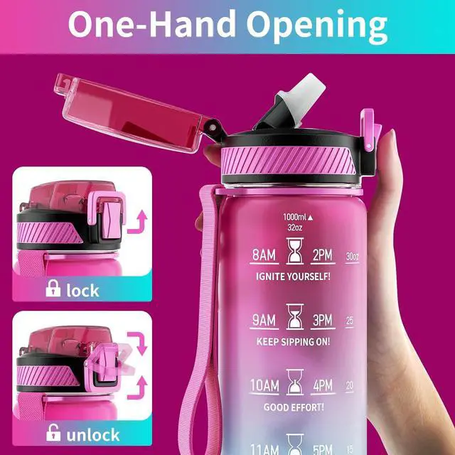 Alt view image 3 of 7 - QLUR Water Bottle with Straw, 32oz Motivational Water Bottles with Time Marker to Drink, Tritan BPA Free, 1L Sports Water Bottle with Carry Strap LeakProof for Women Gym Fitness Outdoor (1 Pack)