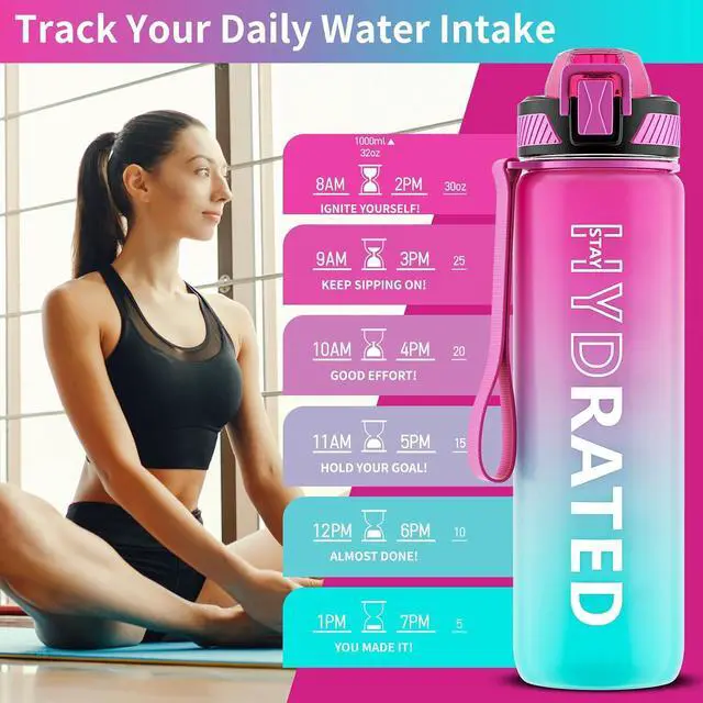 Alt view image 2 of 7 - QLUR Water Bottle with Straw, 32oz Motivational Water Bottles with Time Marker to Drink, Tritan BPA Free, 1L Sports Water Bottle with Carry Strap LeakProof for Women Gym Fitness Outdoor (1 Pack)