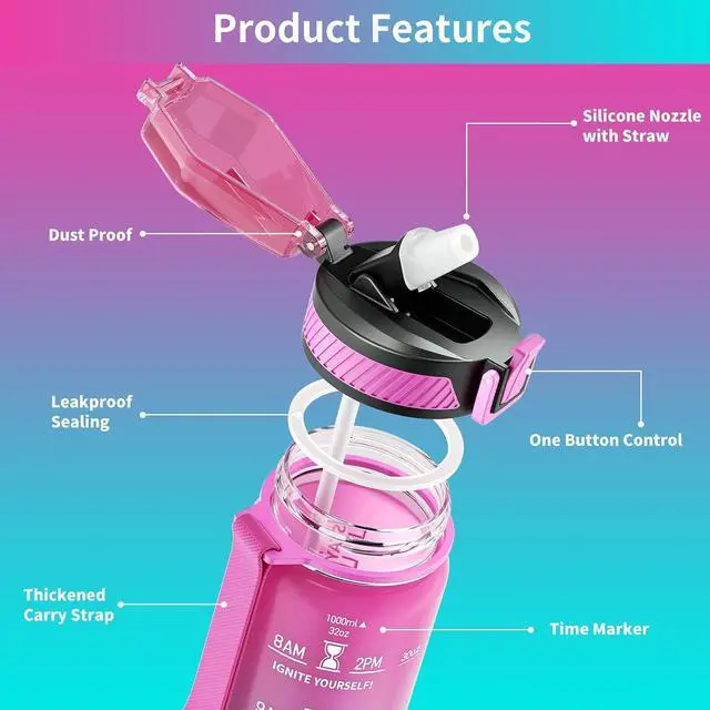 Alt view image 5 of 7 - QLUR Water Bottle with Straw, 32oz Motivational Water Bottles with Time Marker to Drink, Tritan BPA Free, 1L Sports Water Bottle with Carry Strap LeakProof for Women Gym Fitness Outdoor (1 Pack)