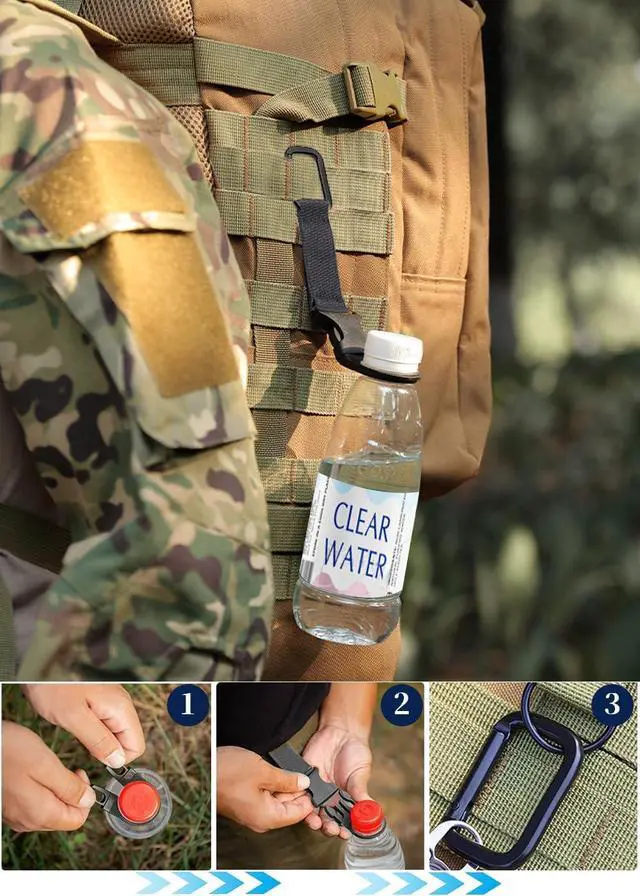 Alt view image 5 of 7 - ZXZone 2PCS Bottle Buckle Clip Hanging Buckle Portable Water Bottle Ring Holder Keychain Mineral Water Bottle Clip for Backpack Belt Nylon Webbing Strap for Outdoor Tactical Camping Hiking(D,Red)