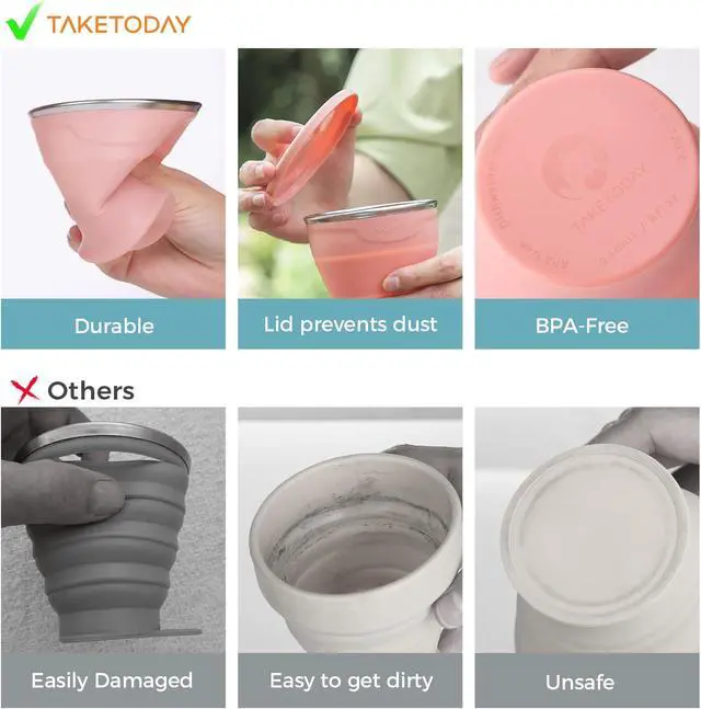 Alt view image 2 of 7 - TakeToday Collapsible Cup 8 oz, Foldable with Lid for Travel, Peach | BPA-Free Food-Grade Silicone, Waterproof Pouches, Dishwasher Safe, Reusable, for Camping, Hiking, Outdoors