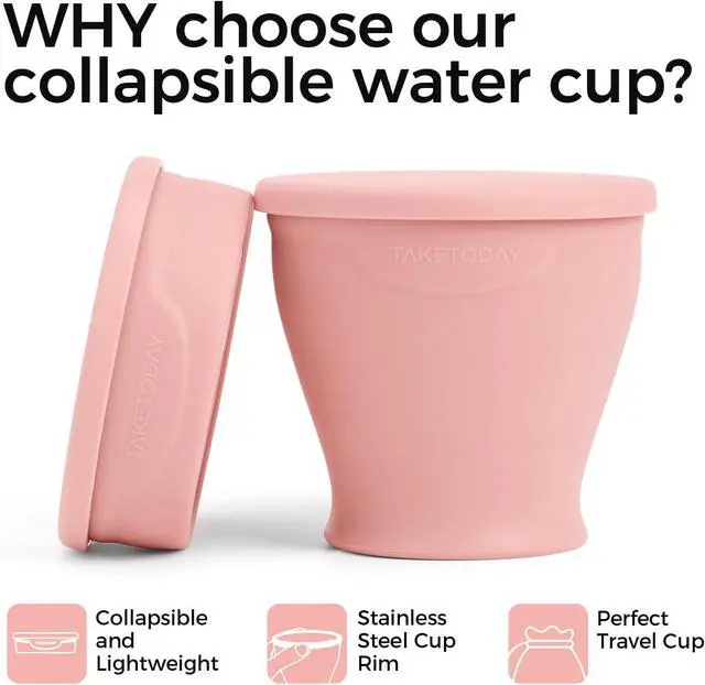 Alt view image 3 of 7 - TakeToday Collapsible Cup 8 oz, Foldable with Lid for Travel, Peach | BPA-Free Food-Grade Silicone, Waterproof Pouches, Dishwasher Safe, Reusable, for Camping, Hiking, Outdoors