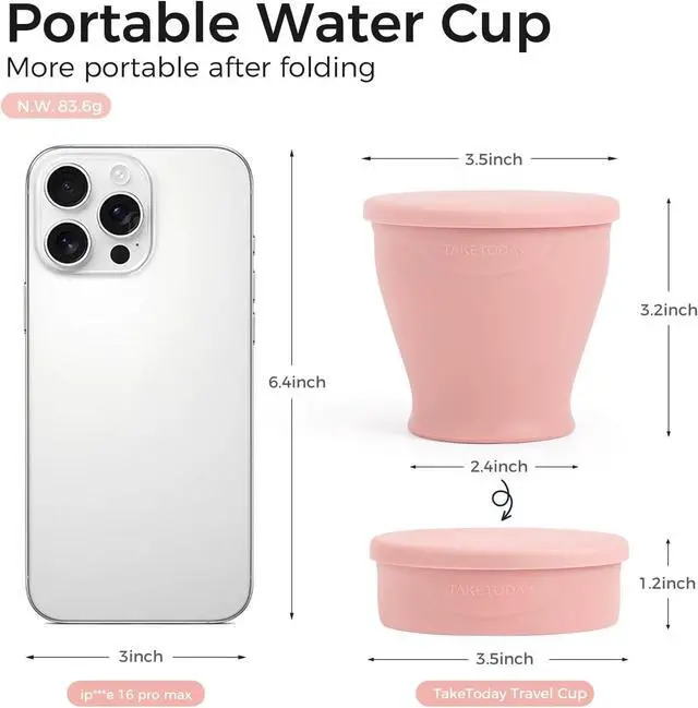 Alt view image 6 of 7 - TakeToday Collapsible Cup 8 oz, Foldable with Lid for Travel, Peach | BPA-Free Food-Grade Silicone, Waterproof Pouches, Dishwasher Safe, Reusable, for Camping, Hiking, Outdoors