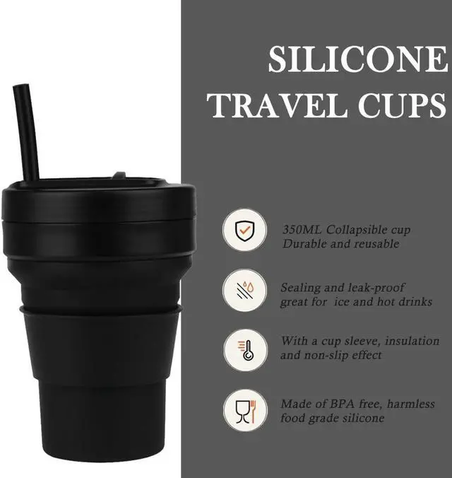 Alt view image 2 of 6 - Collapsible Travel Cups- Food Grade Silicone Coffee Cups with Straw Lid 350ml 12oz Lightweight