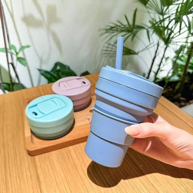 Alt view image 4 of 6 - Collapsible Travel Cups- Food Grade Silicone Coffee Cups with Straw Lid 350ml 12oz Lightweight