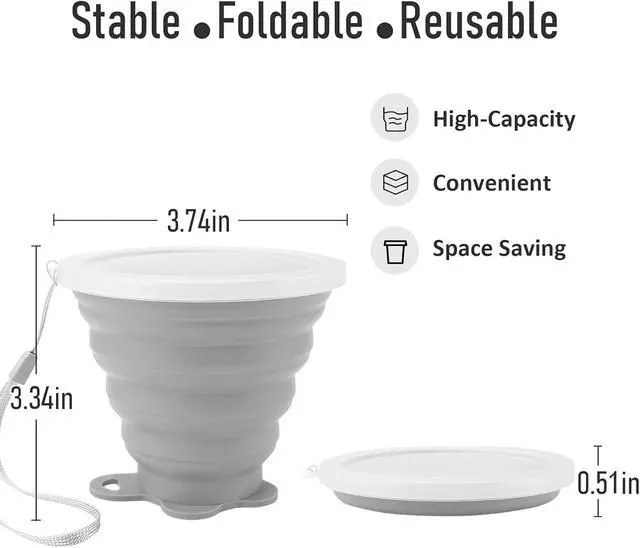Alt view image 2 of 7 - 180ML Silicone Collapsible Cup 2 PCS Silicone Foldable Expandable Folding Drinking Cup Reusable Portable Cup collapsible travel cup with Lids For Travel Camping Hiking Outdoor SportsPink+Grey