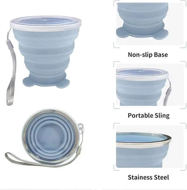Alt view image 6 of 7 - 180ML Silicone Collapsible Cup 2 PCS Silicone Foldable Expandable Folding Drinking Cup Reusable Portable Cup collapsible travel cup with Lids For Travel Camping Hiking Outdoor SportsPink+Grey