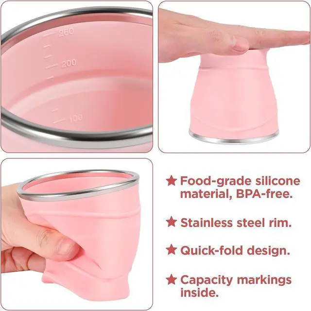 Alt view image 3 of 6 - Silicone Collapsible Travel Cup with Dustproof Lid, 8.8 Oz/260ml, BPA-Free, Portable, Reusable for Camping, Picnic, Travel, Office (Pink)