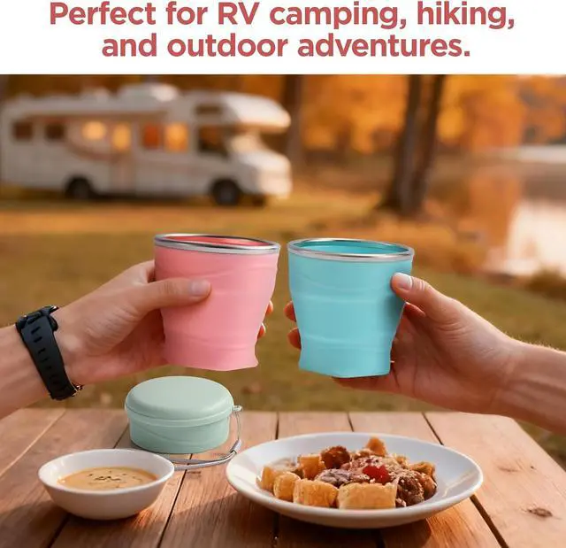 Alt view image 4 of 6 - Silicone Collapsible Travel Cup with Dustproof Lid, 8.8 Oz/260ml, BPA-Free, Portable, Reusable for Camping, Picnic, Travel, Office (Pink)