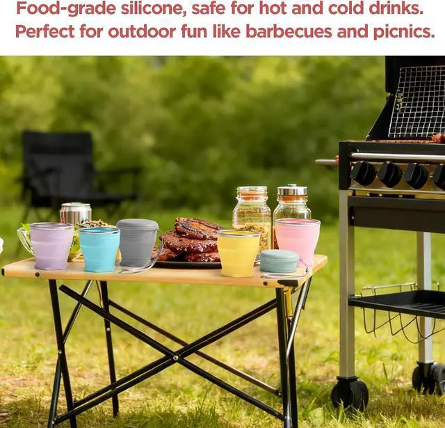 Alt view image 5 of 6 - Silicone Collapsible Travel Cup with Dustproof Lid, 8.8 Oz/260ml, BPA-Free, Portable, Reusable for Camping, Picnic, Travel, Office (Pink)