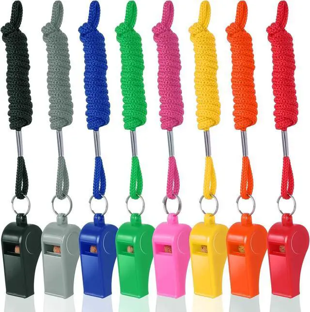 Main image of 8-Pack Colorful Plastic Whistles with Lanyards - 120dB Loud Sports Whistles for Coaches, Teachers, Emergency Kits & Events