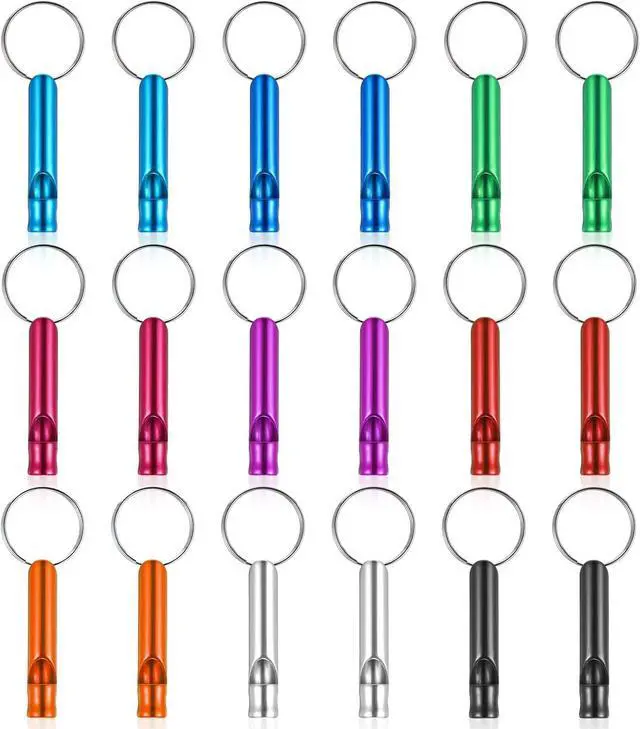 Main image of Prasacco 18 Pcs Emergency Whistle with Keychain, Emergency Whistle Survival Loud Whistle Aluminum Safety Whistle Key Chain for Outdoor Sports Camping Hiking Boating Fishing, 9 Colors