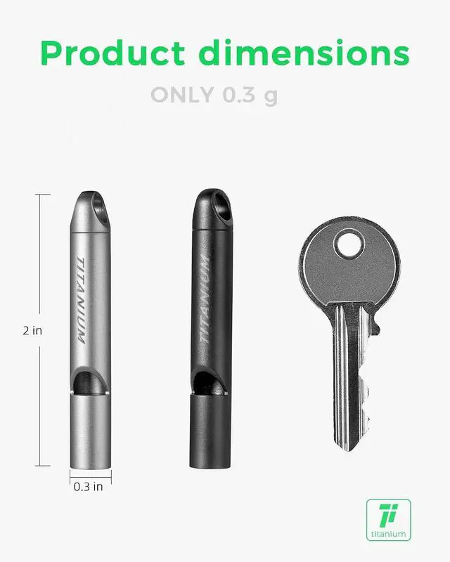 Alt view image 2 of 7 - Titanium Survival Emergency Whistle,120-130dB,Rustproof, Durable | Saltwater & Sweat Resistant, Safe for Oral Use, Pea-less, Works Submerged, Compact with Key Ring & Lanyard