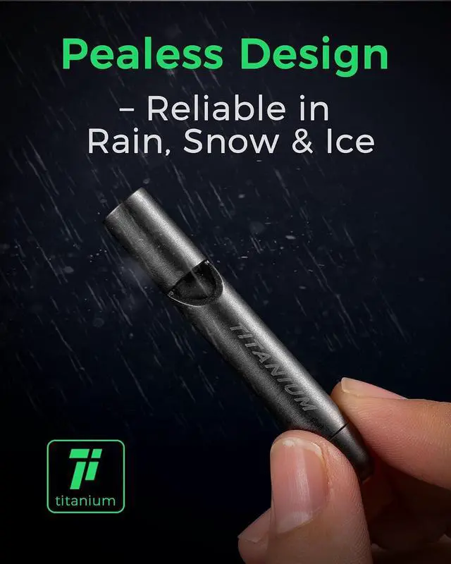 Alt view image 4 of 7 - Titanium Survival Emergency Whistle,120-130dB,Rustproof, Durable | Saltwater & Sweat Resistant, Safe for Oral Use, Pea-less, Works Submerged, Compact with Key Ring & Lanyard