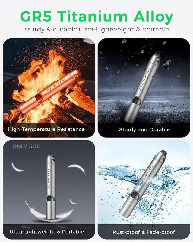 Alt view image 5 of 7 - Titanium Survival Emergency Whistle,120-130dB,Rustproof, Durable | Saltwater & Sweat Resistant, Safe for Oral Use, Pea-less, Works Submerged, Compact with Key Ring & Lanyard