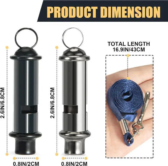 Alt view image 2 of 6 - 120dB Emergency Whistles 2 Pack, Solid Iron, Black & Silver | Pealess design, nylon lanyards, clear case, black coated & silver iron, hiking, camping, coaching, emergency kits