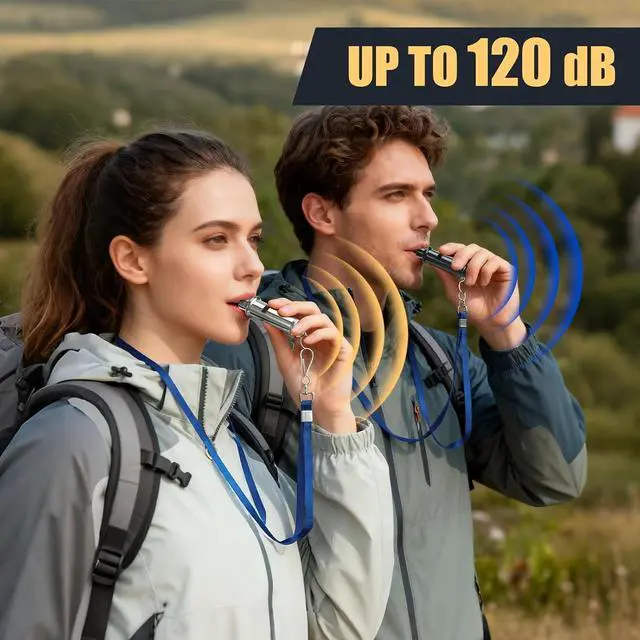 Alt view image 4 of 6 - 120dB Emergency Whistles 2 Pack, Solid Iron, Black & Silver | Pealess design, nylon lanyards, clear case, black coated & silver iron, hiking, camping, coaching, emergency kits
