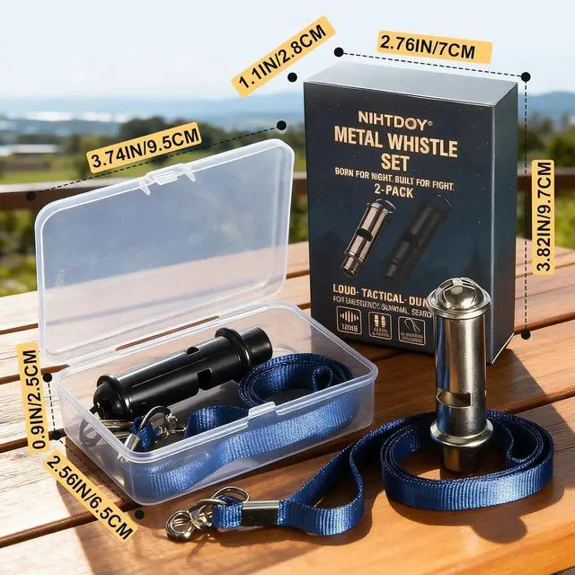 Alt view image 3 of 6 - 120dB Emergency Whistles 2 Pack, Solid Iron, Black & Silver | Pealess design, nylon lanyards, clear case, black coated & silver iron, hiking, camping, coaching, emergency kits