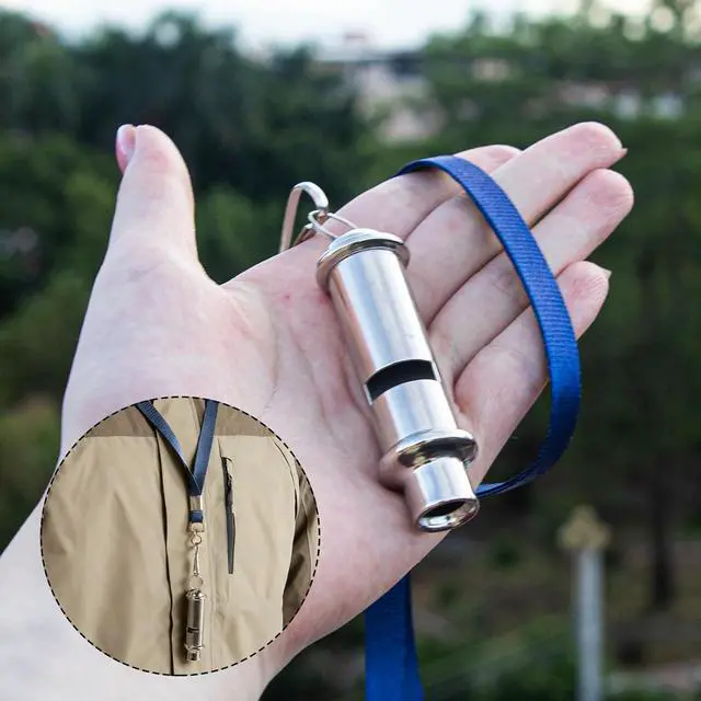 Alt view image 5 of 6 - 120dB Emergency Whistles 2 Pack, Solid Iron, Black & Silver | Pealess design, nylon lanyards, clear case, black coated & silver iron, hiking, camping, coaching, emergency kits