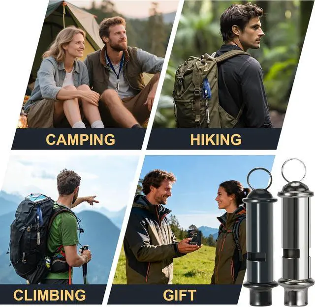 Alt view image 6 of 6 - 120dB Emergency Whistles 2 Pack, Solid Iron, Black & Silver | Pealess design, nylon lanyards, clear case, black coated & silver iron, hiking, camping, coaching, emergency kits