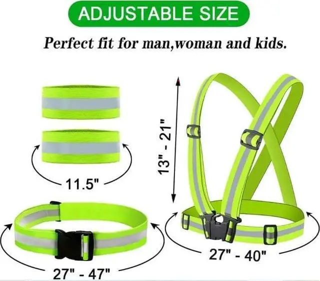 Alt view image 3 of 7 - WFJ 4PCS Reflective Vest Set Safety Clothing High Visibility Adjustable Elastic Outdoor Reflective Glow Belt and Vest with 2Pack Reflector Armbands Running Cycling Walking Jogging