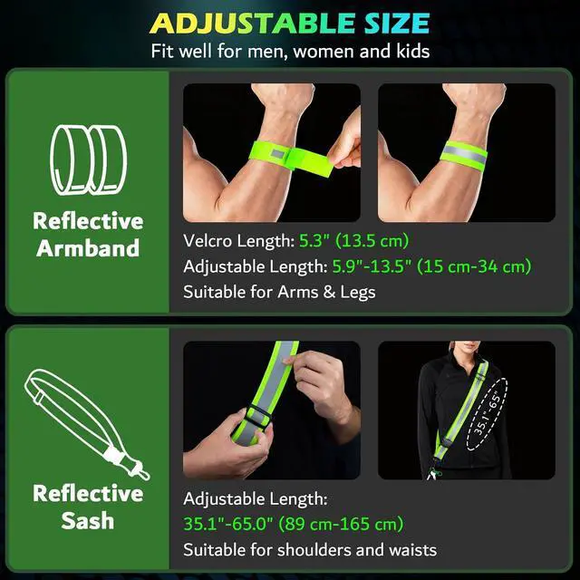 Alt view image 4 of 7 - Reflective Walking Gear at Night, High Visibility Safety Reflective Sash Belt and 2-Pack Armband Set, Night Running Safety Gear for Women Men Kids