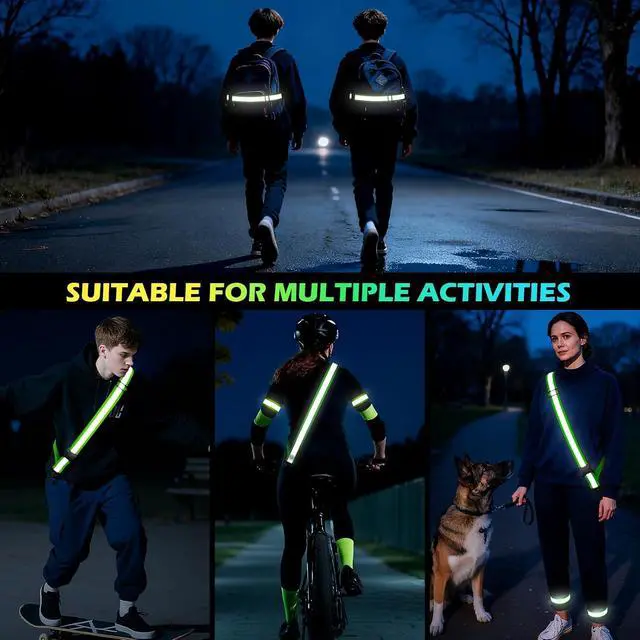 Alt view image 7 of 7 - Reflective Walking Gear at Night, High Visibility Safety Reflective Sash Belt and 2-Pack Armband Set, Night Running Safety Gear for Women Men Kids