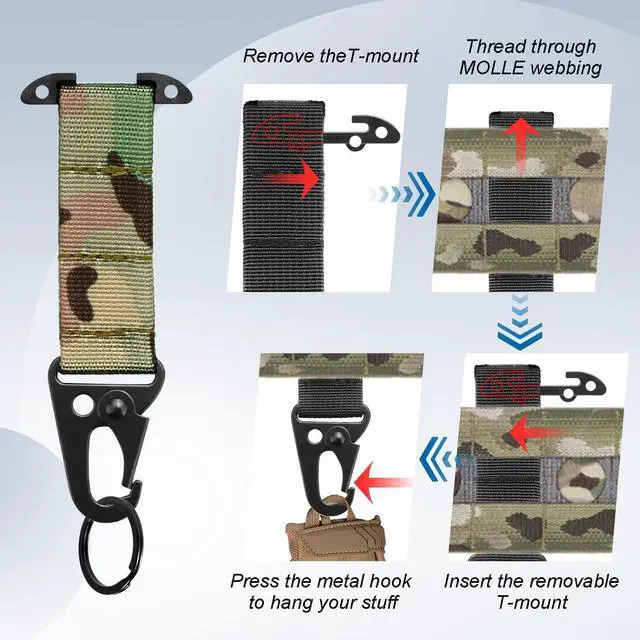 Alt view image 4 of 7 - Tactical Molle Clips T-Mount Molle Webbing Key Holder, 2 Pack Tactical Clash Hook Carabiner Clip for Hanging Keys or Gloves