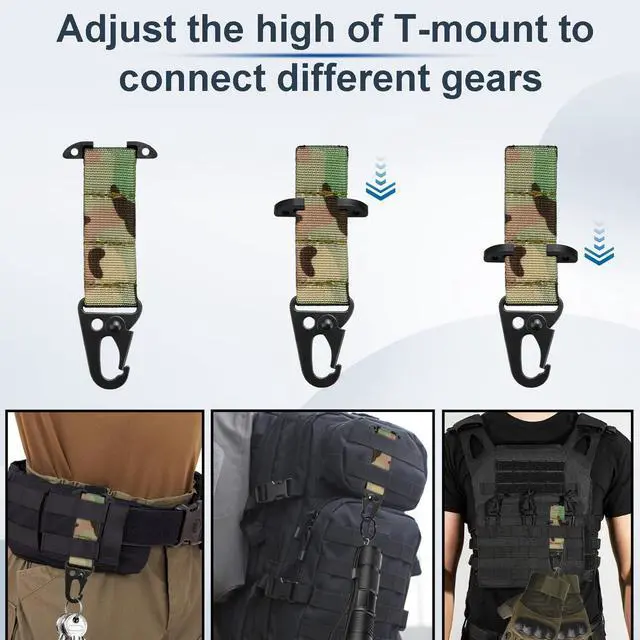 Alt view image 5 of 7 - Tactical Molle Clips T-Mount Molle Webbing Key Holder, 2 Pack Tactical Clash Hook Carabiner Clip for Hanging Keys or Gloves